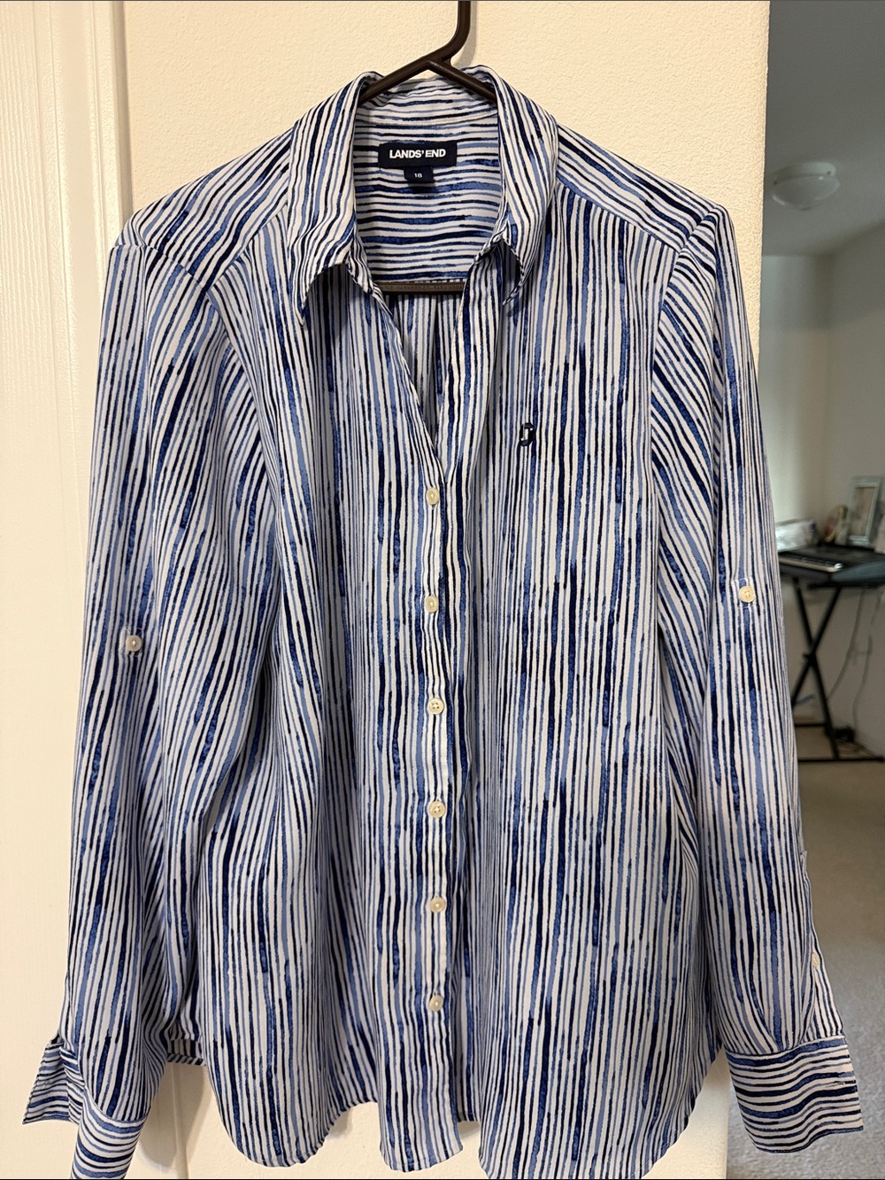 Lands' End Women’s Blue Striped Button-Up Shirt